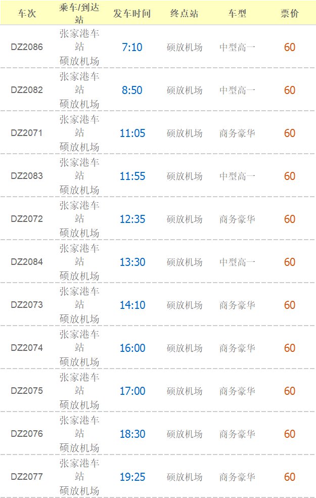 苏州张家港机场大巴时刻表及票价、路线