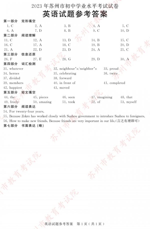 2023年苏州中考英语试卷及参考答案