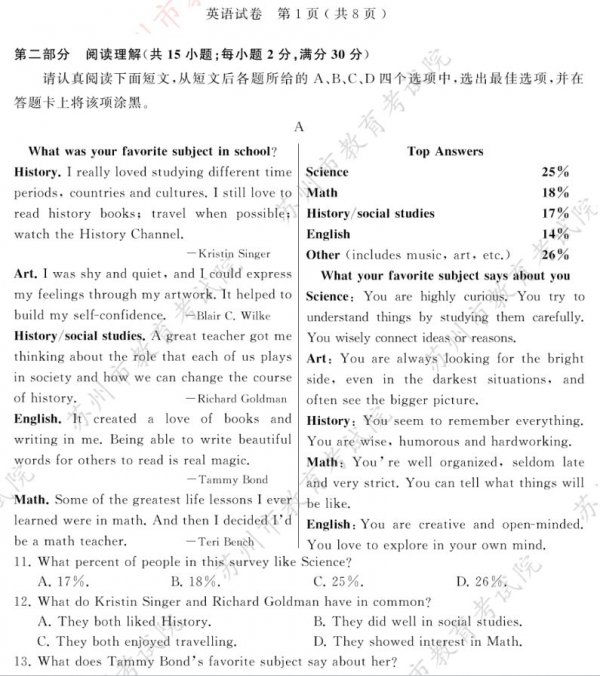 2023年苏州中考英语试卷及参考答案